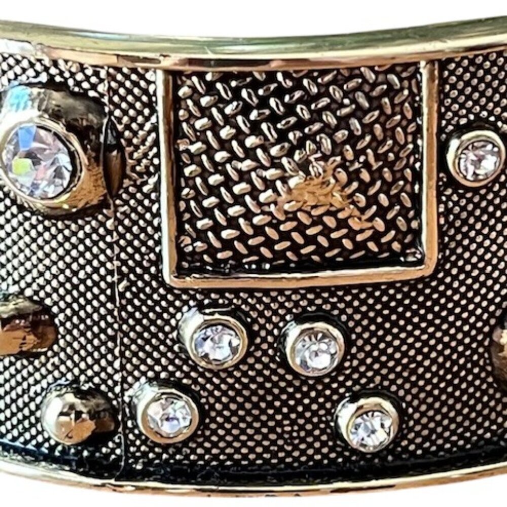Gold Tone Cuff Rhinestone Geometric Pattern Spring Hinged Statement Bracelet - Picture 5 of 9
